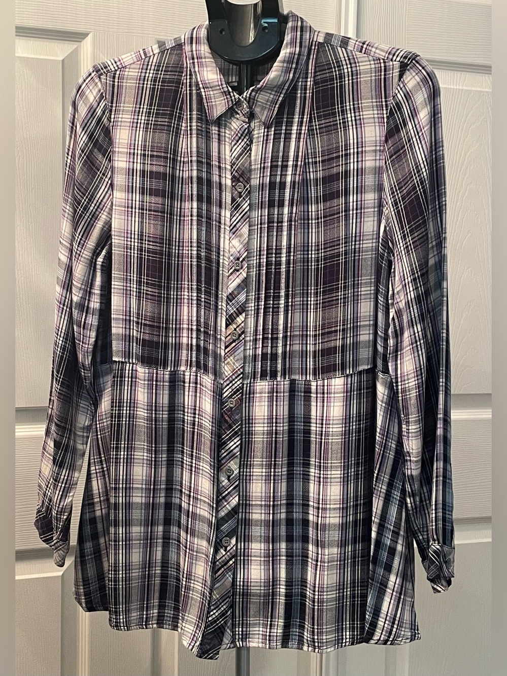 J. Jill Purple & Black Plaid Tuxedo-Front Button-Down Shirt